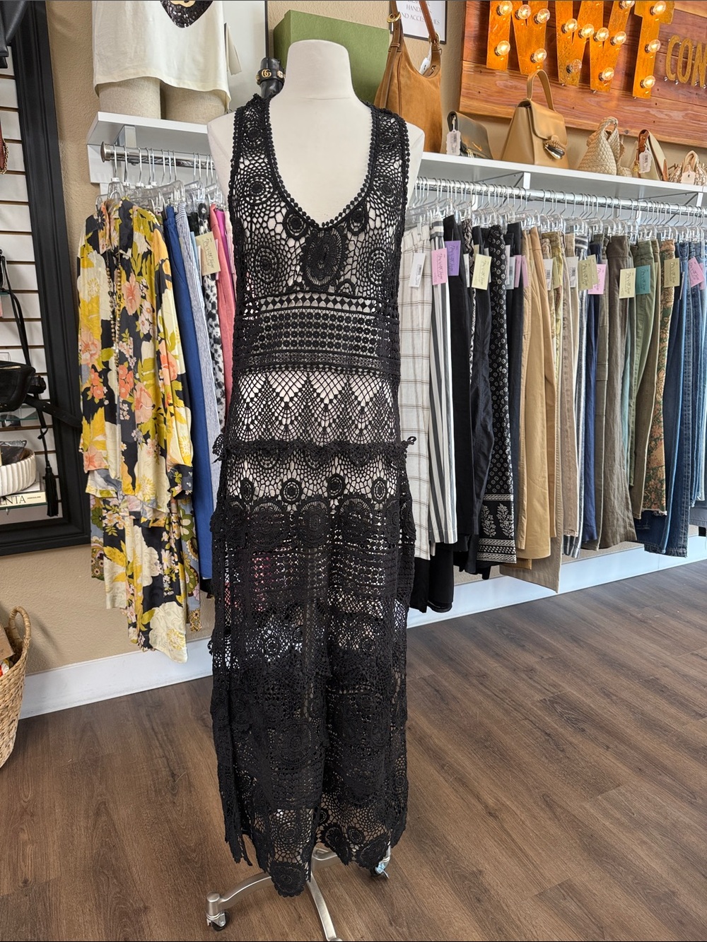 Ramy Brook Black Intricate Multi Pattern Tiered Crochet Sleeveless Midi Dress M